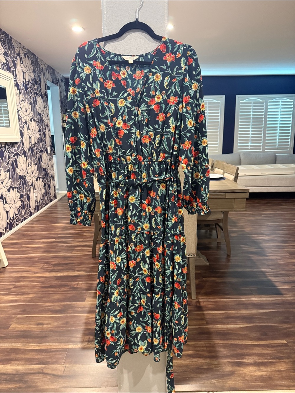LC Lauren Conrad Black Floral Long Sleeve Maxi Dress with Red & Yellow Blooms